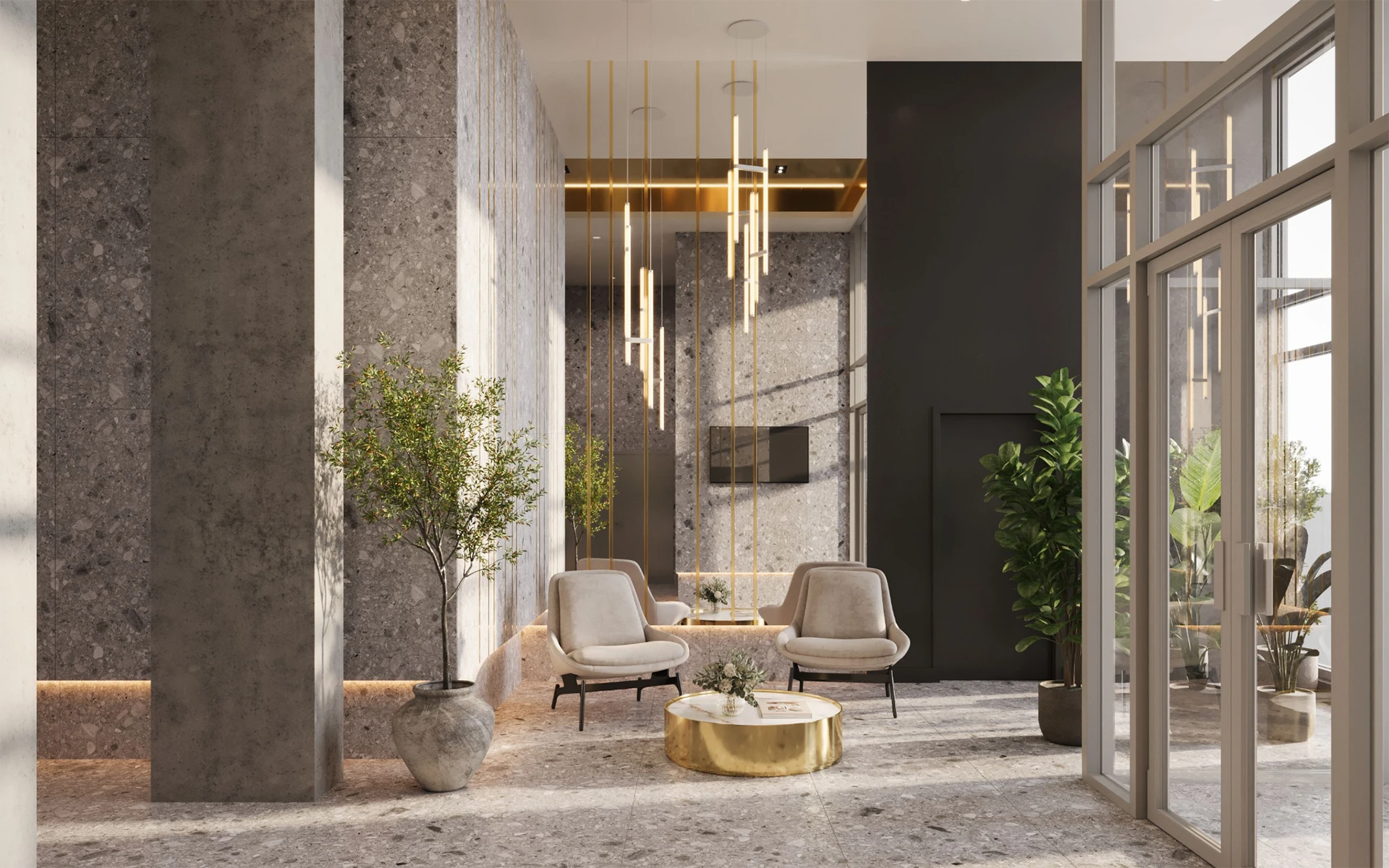 Lounge, lobby, espace détente condo boulevard Saint-Martin, condo entrée sécurisée Laval